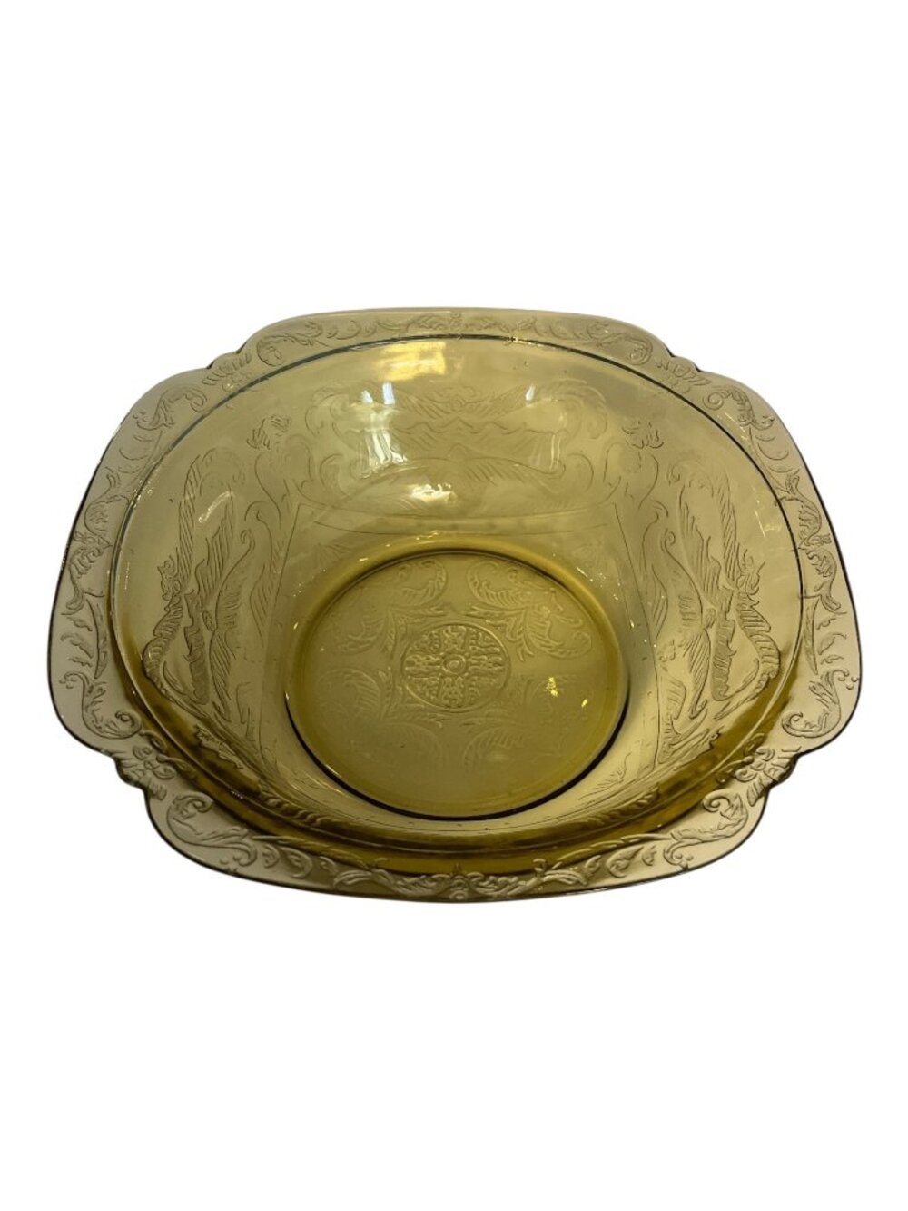 Vintage Amber Depression Glass Embossed Serving Bowl Floral Scroll Pattern